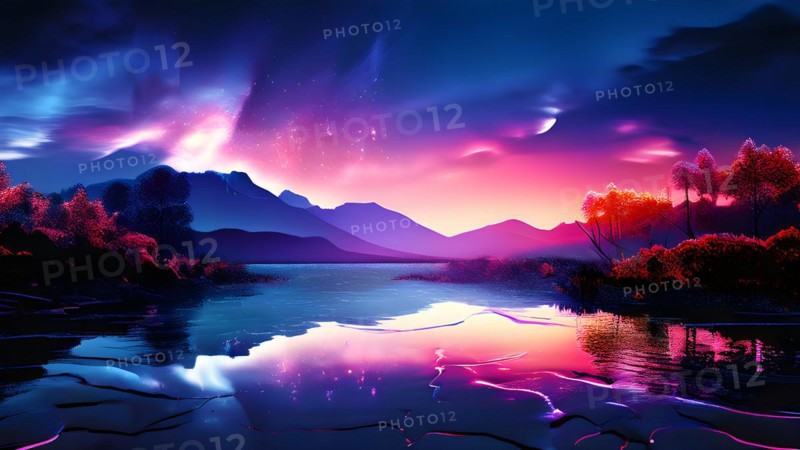 AI generated painting of a surreal landscape with mountains and a lake with digital brush strokes intertwining with watercolor