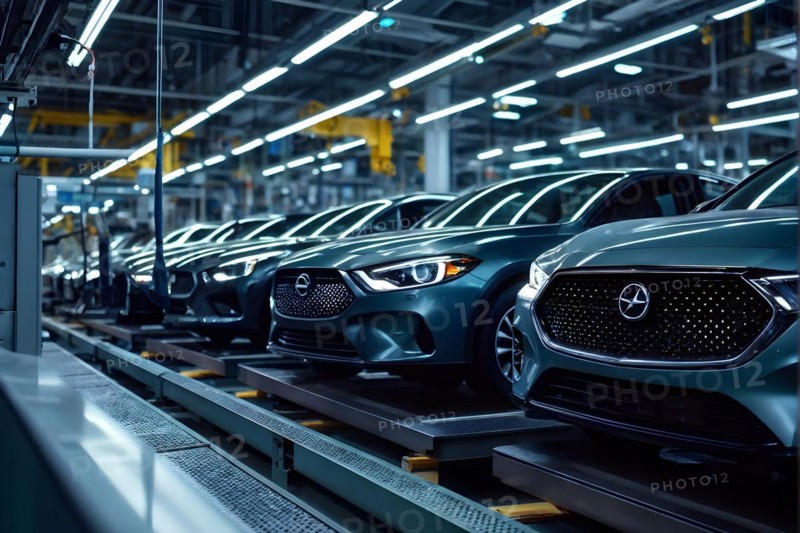 AI generated automotive assembly line in car manufacturing progression with automated machines