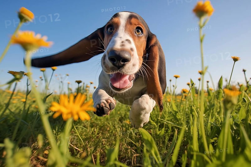 A close-up shot of a playful Basset Hound puppy with floppy ears, running, jumping, and exploring the outdoors, AI generated