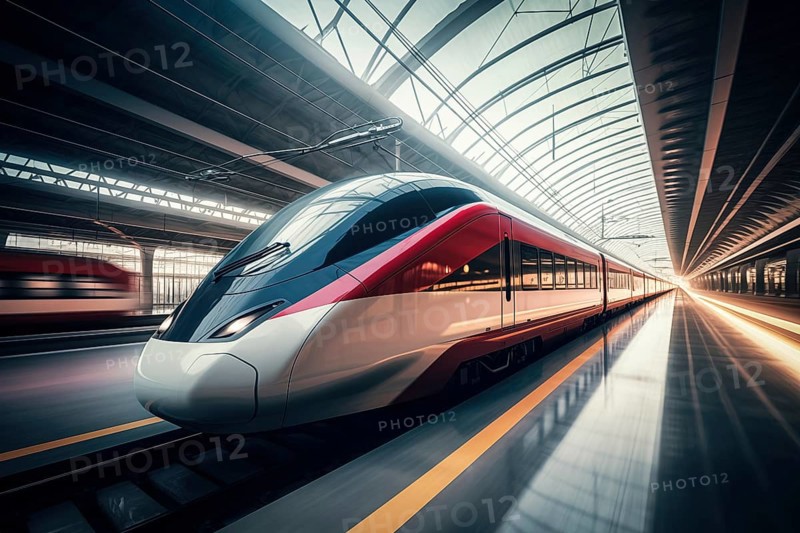 Modern high speed train in a futuristic train station. Modern transportation technology, speed, travel concepts. Railroad with motion blur effect, AI generated