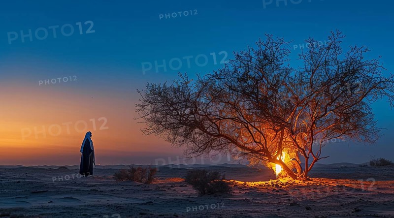 Moses looking at the burning bush. Bible stories and miracles, god manifestation, AI generated