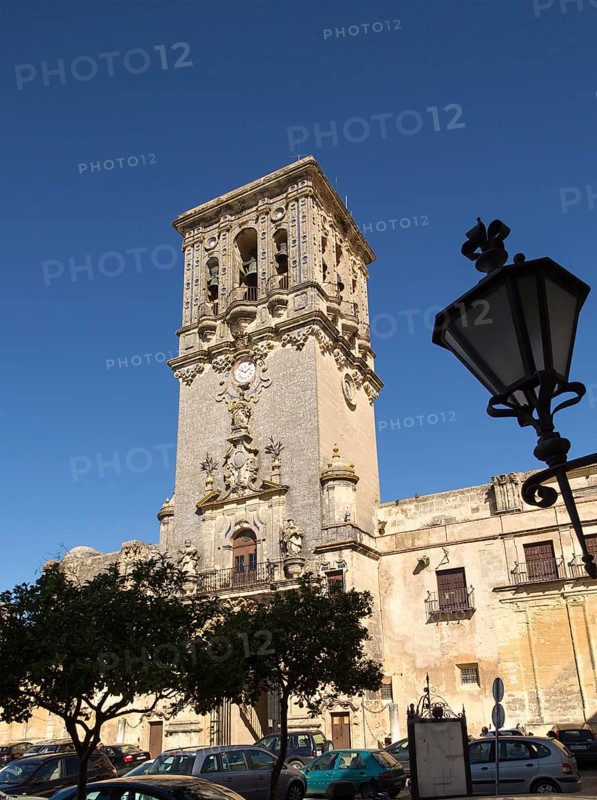 Tower of church Santa Maria de la Asuncion, Plaza del Cabildo, Arcos de la Frontera, Cadiz province, Spain, Europe