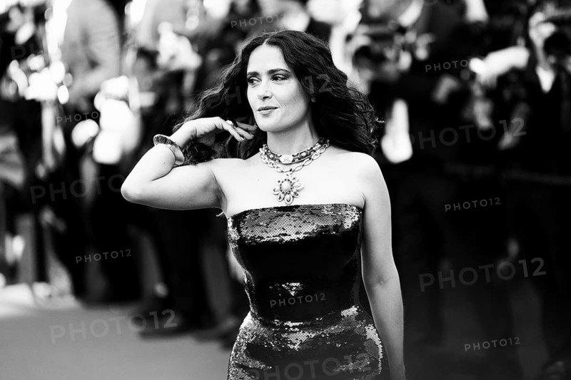 Cannes, France, 18.5.2024: Salma Hayek at the premiere of Emilia Perez on the red carpet of the Palais des Festivals during the 77th Cannes International Film Festival. The 77th Cannes International Film Festival will take place from 14 to 25 May 2024. Note: the photo was subsequently converted to b/w, Europe