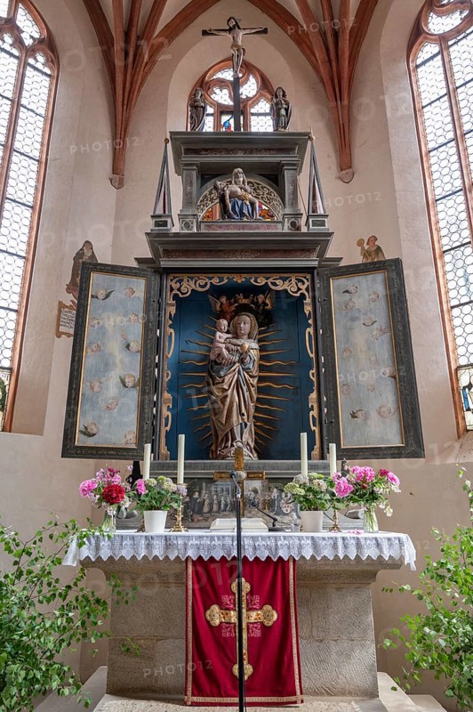 Renaissance high altar from 1611 with the Pietà and the Madonna of the Crescent Moon with crowning angels, St Mary's Church, Kalbensteinberg, Middle Franconia, Bavaria, Germany, Europe