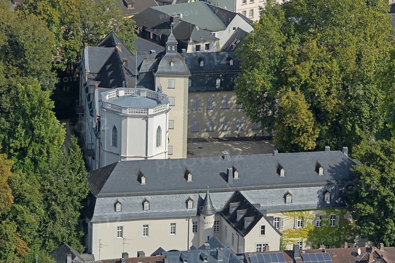 View from Nassau Castle to Steinsches Schloss built in 1621, view downwards, aerial view, Nassau, Rhineland-Palatinate, Germany, Europe