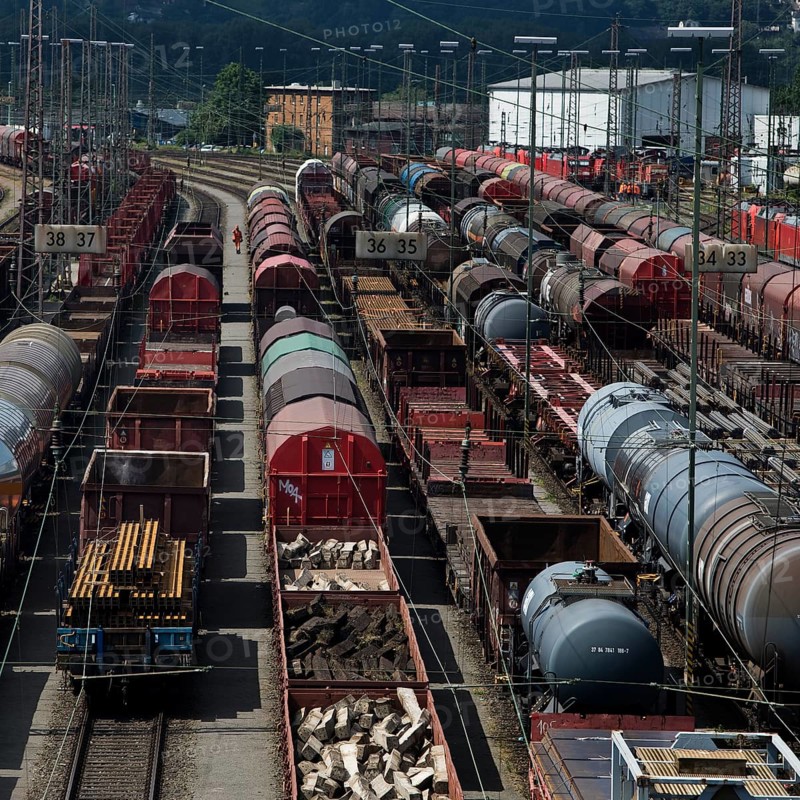 Train formation yard in the Vorhalle district, marshalling yard, goods trains, Hagen, Ruhr area, North Rhine-Westphalia, Germany, Europe