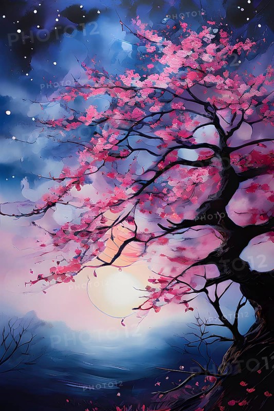 Sakura tree blossoming with pink petals and branches reaching towards a star studded night sky, AI generated
