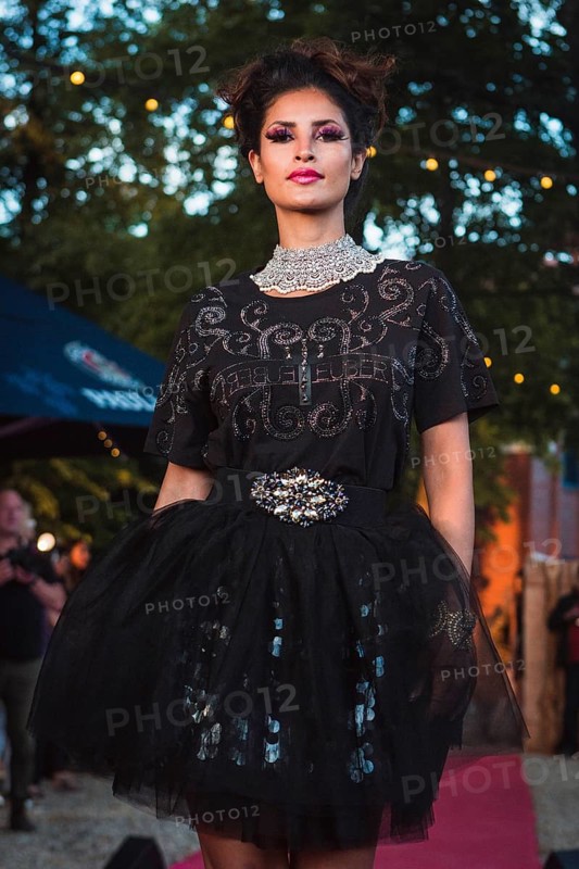 Model at Harald Glööckler's first Fashion Night for his new fashion collection Teuber by HARALD GLÖÖCKLER at Loretta am Wannsee in Berlin on 28 June 2024