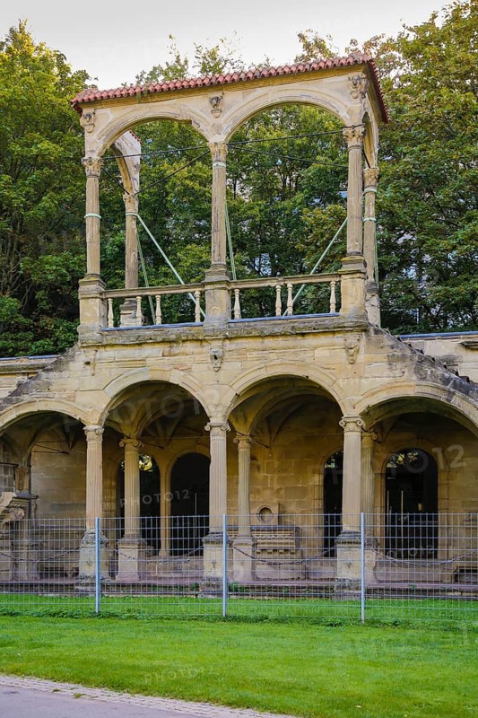 Lusthausruine Stuttgart in the middle palace garden, palace park, staircase of the former Renaissance building built by Georg Beer in the 16th century, Renaissance architecture, ruin of a magnificent building, fence, fenced, state capital, Stuttgart, Baden-Württemberg, Germany, Europe