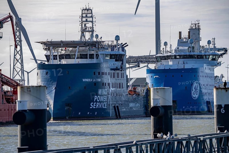 Offshore working vessels, Buss Terminal Eemshaven, logistics hub for the offshore wind farm industry, from here new wind farms in the North Sea are supplied with equipment, monopiles and transition pieces, which are anchored in the seabed and form the platform for the actual wind turbines, in the industrial harbour of Eemshaven, wind farm, Groningen, Netherlands