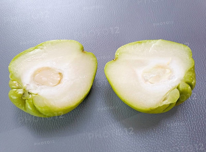Two halves of a green chuchu with visible white flesh on a grey background, chayote, vegetable, Algarve, Portugal, Europe