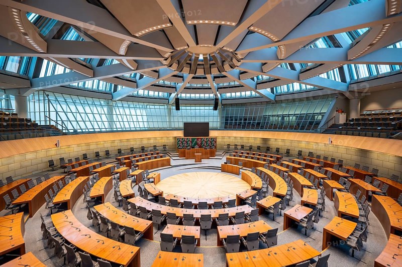 The empty plenary chamber of the North Rhine-Westphalia state parliament in Düsseldorf, North Rhine-Westphalia, Germany, Europe