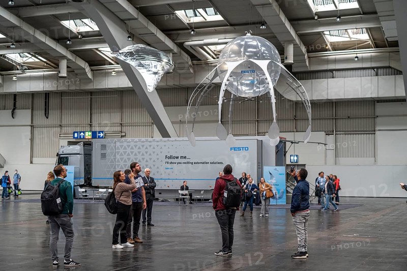 Mechanical flying objects, filled with helium, controlled by fine mechanics, movements copied from animals, birds, fish, bionics applied, to illustrate technical processes, by automation specialists Festo, at the Hannover Messe, Lower Saxony, Germany, Europe