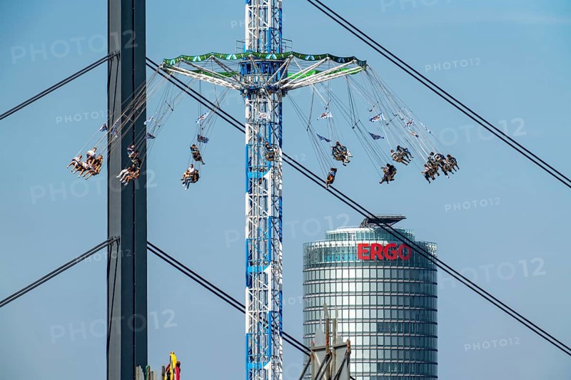 The Rhine Fair in Düsseldorf, in the Rhine meadows in the Oberkassel district, on the Rhine, Bayern Tower ride, chain carousel, North Rhine-Westphalia, Germany, Europe