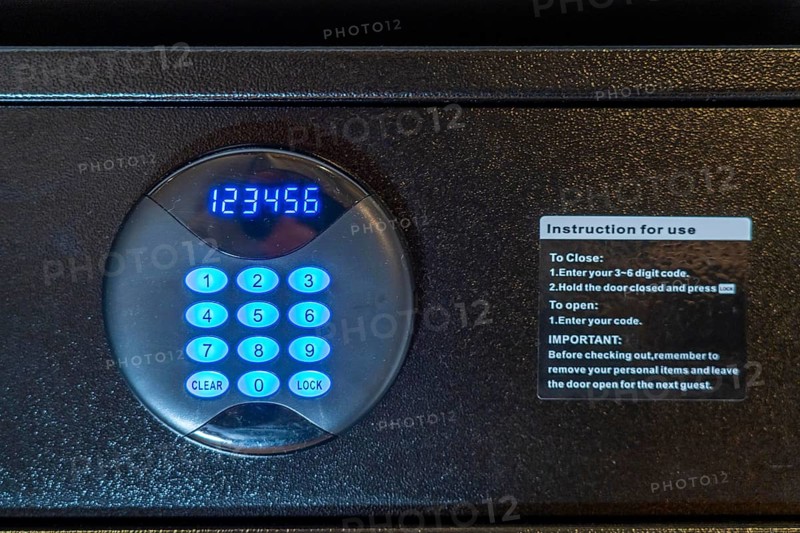 Room safe in a hotel, keypad for entering a 6-digit numerical code to lock the safe for depositing valuables