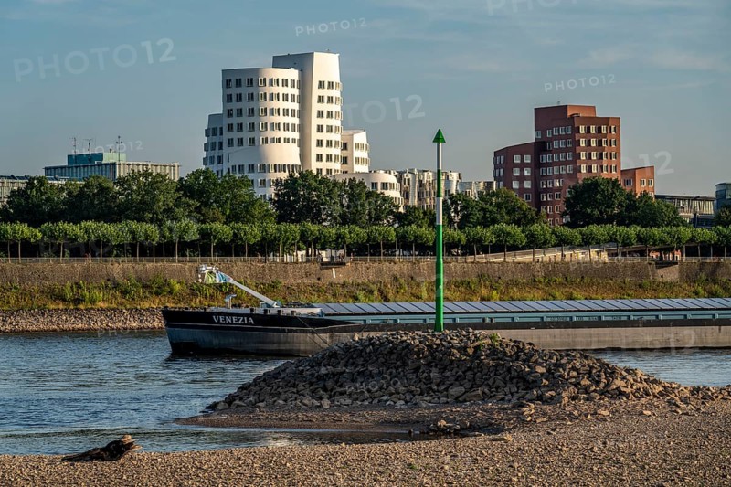 Rhine near Düsseldorf, extremely low water, Rhine level at 81 cm, falling, after a long drought the left bank of the Rhine is dry, near Düsseldorf Oberkassel, cargo ship with reduced cargo, Gehry building in the Media Harbour, Germany, Europe