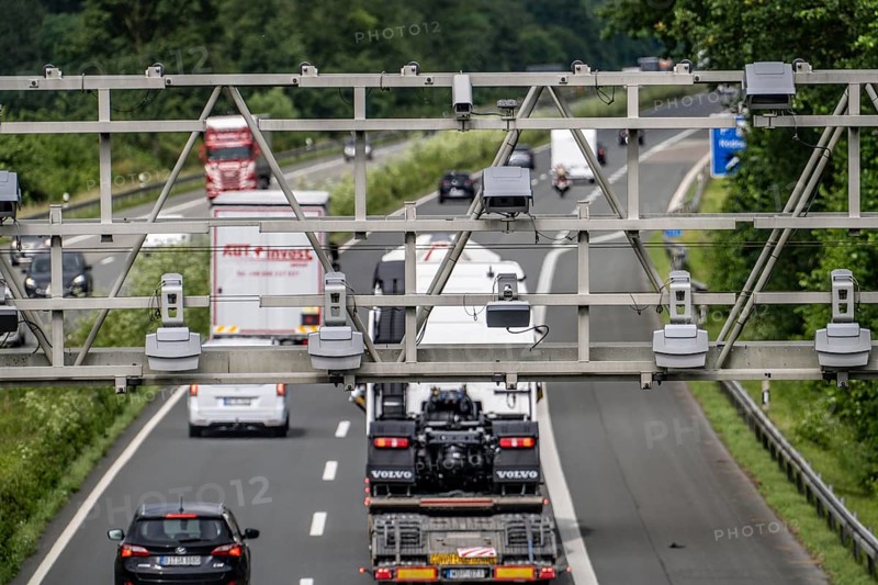 Sensors on a toll bridge, for recording motorway tolls, on the A43 motorway near Dülmen, Münsterland, North Rhine-Westphalia, Germany, Europe