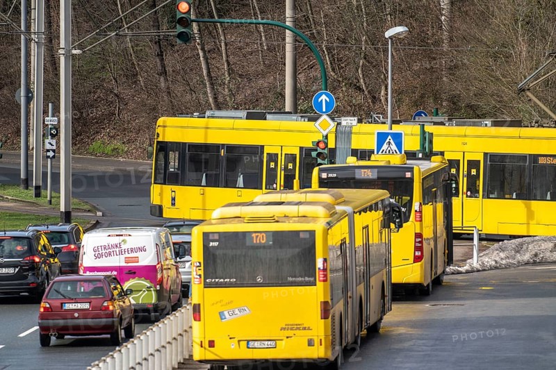 Ruhrbahn trams, at Essen-Steele S-Bahn station, interface between rail transport and tram and bus lines, in Essen, North Rhine-Westphalia, Germany, Europe