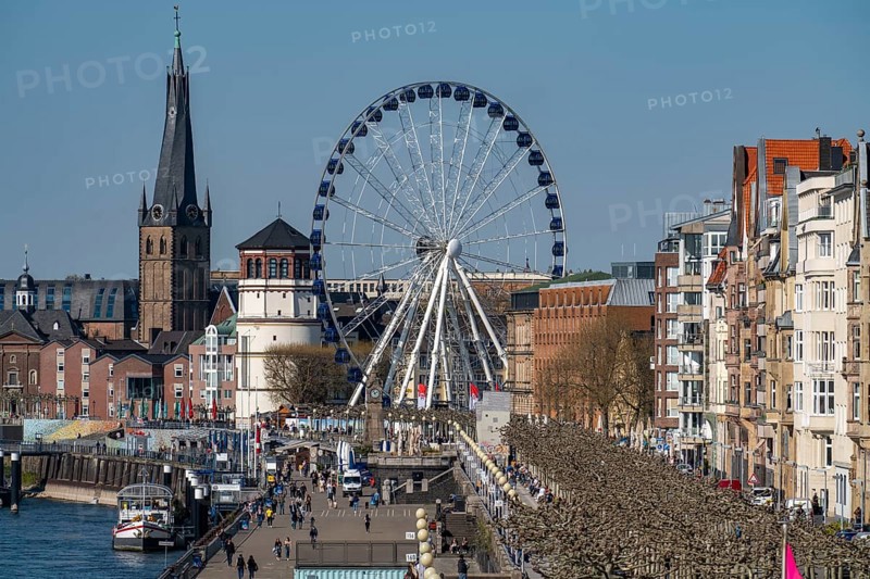 Rhine promenade in Düsseldorf, Ferris wheel, old castle tower, St Lambert's Basilica, old town, spring, North Rhine-Westphalia, Germany, Europe
