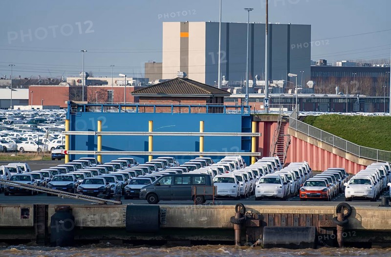 VW plant, Emden, new cars, waiting to be shipped, Lower Saxony, Germany, Europe