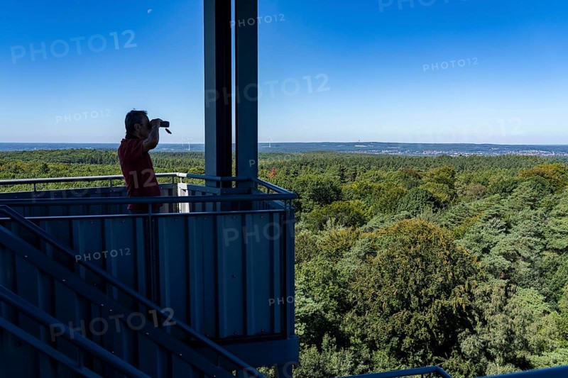 Fire watch tower on the Rennberg, near Flaesheim, Haltern am See, in the Haard forest area, one of 3 fire watch towers in the region, manned from April to October in dry weather conditions, part of the fire monitoring system, North Rhine-Westphalia, Germany, Europe