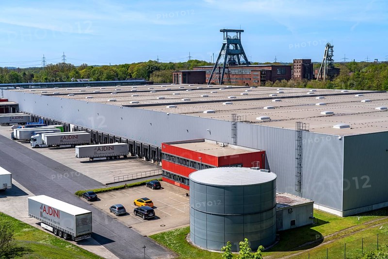 Trucks, lorries, logistics company, Ajdini logistics centre on the former Ewald colliery site in Herne, North Rhine-Westphalia, Germany, Europe
