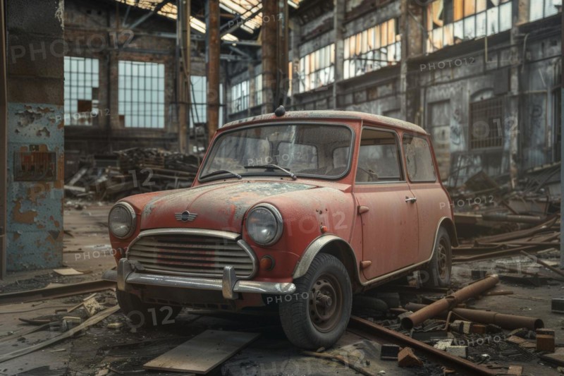 An old, weathered and dusty British vintage car, wreck, of the Mini Cooper type from the 1960s stands in an old factory hall, symbolic image for restoration, repair, restoration of historical cultural assets, AI generated, AI generated, AI generated