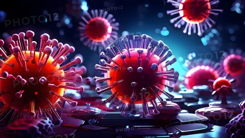 3d illustration showcasing a cluster of intertwining viruses detailed to expose spikes and receptors, AI generated