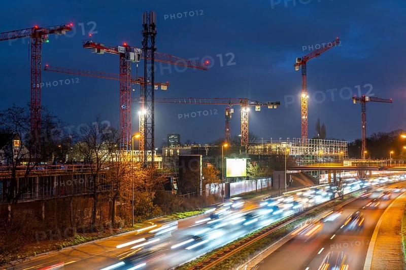 Major construction site in Düsseldorf, on the B8, Danziger Straße, construction of a residential and commercial complex, Deiker Höfe, North Rhine-Westphalia, Germany, Europe
