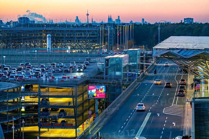 Cologne-Bonn Airport car park, Cologne city centre skyline, Cologne Cathedral, North Rhine-Westphalia, Germany, Europe