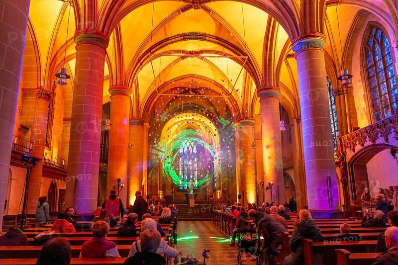Essen Light Festival, in the city centre, light art light and blessing, in Essen Cathedral, by the artist group SilentMOD, Münster, North Rhine-Westphalia, Germany, Europe