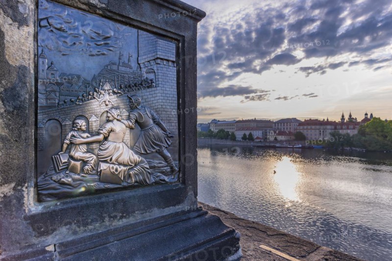 Bronze relief, Saint Nepomuk falling over the bridge, laying hands on the relief is said to bring good luck, Charles Bridge, Prague, Bohemia, Czech Republic, Europe