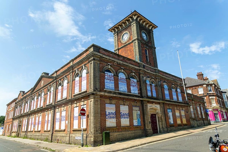 Town Hall municipal building boarded up for redevelopment, Lowestoft, Suffolk, England, UK architect John Louth Clemence built 1860