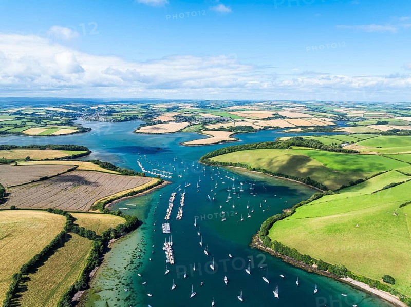 Salcombe and Mill Bay over Kingsbridge Estuary from a drone, Batson Creek, Southpool Creek, Devon, England, United Kingdom, Europe