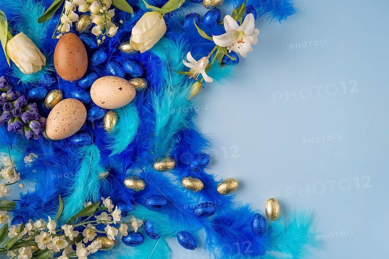 A spring-like Easter egg decoration with blue feathers and white flowers on a light blue background