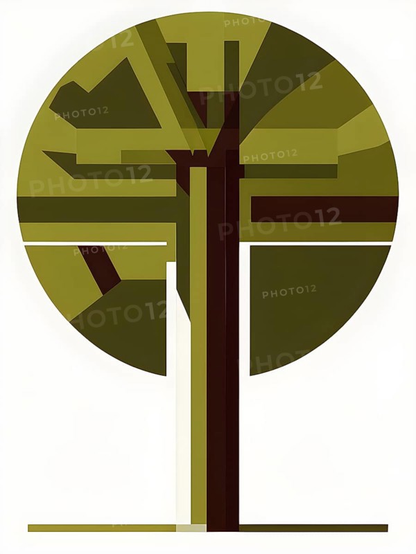 Abstract geometric tree with a circular canopy and a rectangular trunk, arranged in a clean, balanced design with a limited color palette of olive green, deep brown, and ivory, AI generated