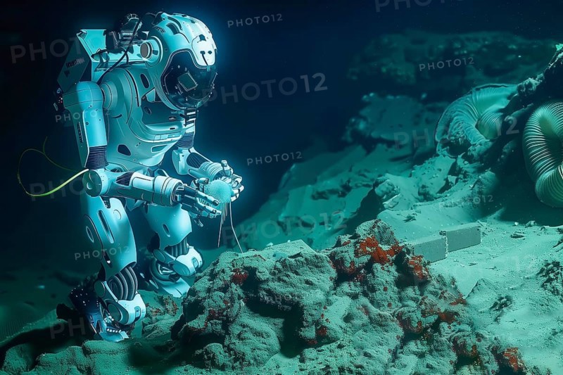 Robot collecting samples in abyssal plains, AI generated