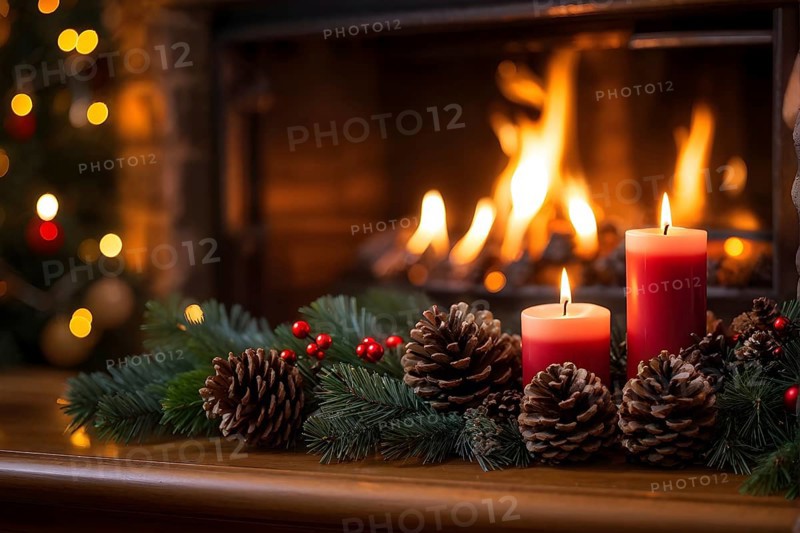 A cozy fireplace mantle decorated with pine cones, garlands, and lit candles, with a close-up focus on a burning candle flame, AI generated