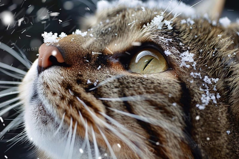Close up of cat's face covered in snowflakes. Generative Ai, AI generated