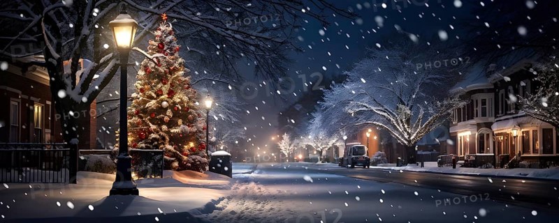 Christmas Eve with snowflakes fall under the light of a streetlamp with a decorated tree in the background, AI generated