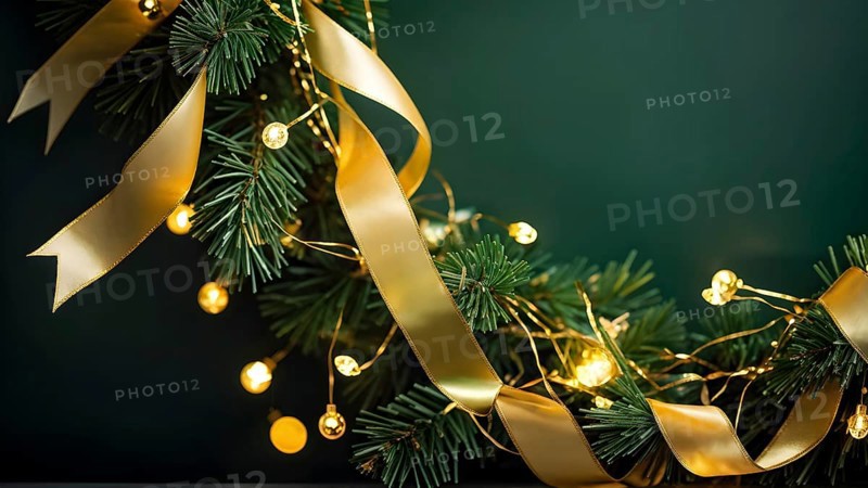 Christmas garland with golden ribbons intertwined with pine needles and tiny twinkling lights, creating a luxurious, festive feel, AI generated