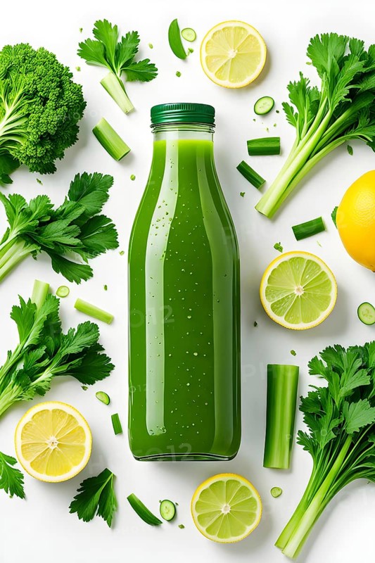 Minimalist lay flat composition of a bottle of vibrant green detox juice surrounded by green fruit and vegetables, AI generated