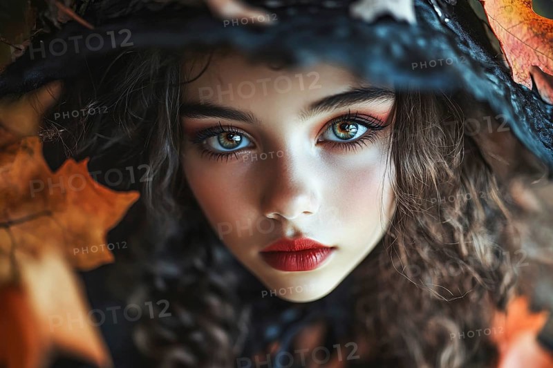 Beautiful young woman with black Halloween witch costume with hat. Generative Ai, AI generated