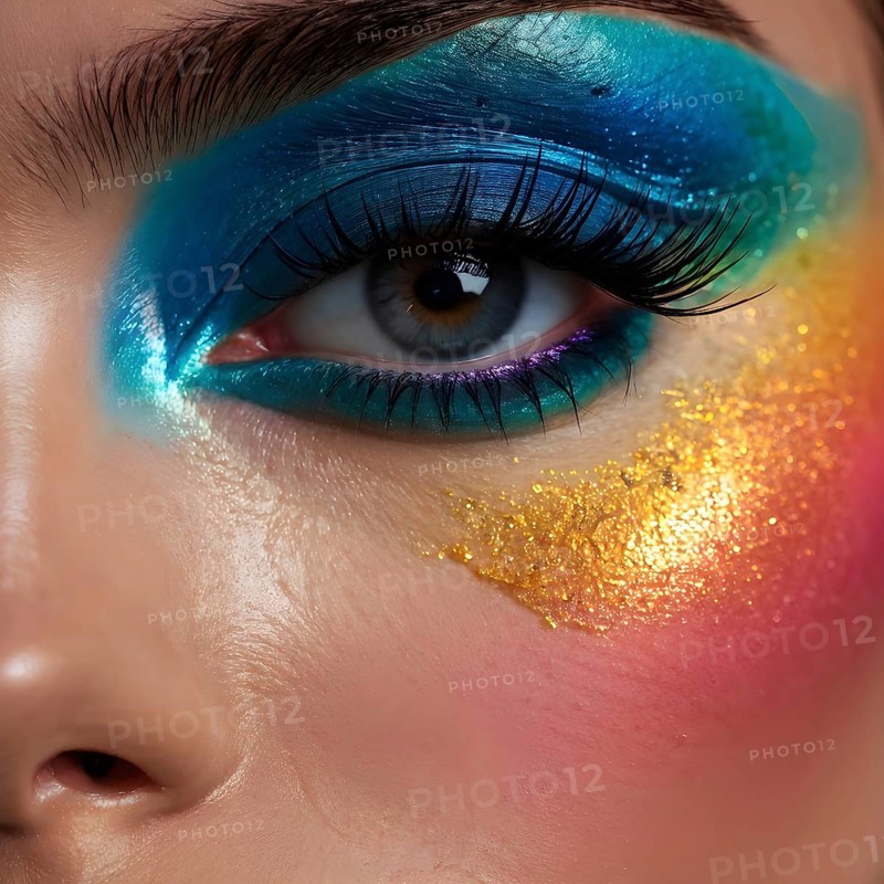 Close up of eye featuring vibrant colored eyelids with intense eye shadow, AI generated
