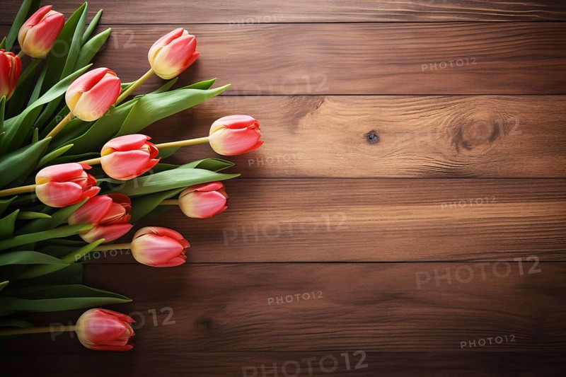 Top view of pink tulip spring flowers on side of wooden background with copy space. KI generiert, generiert AI generated