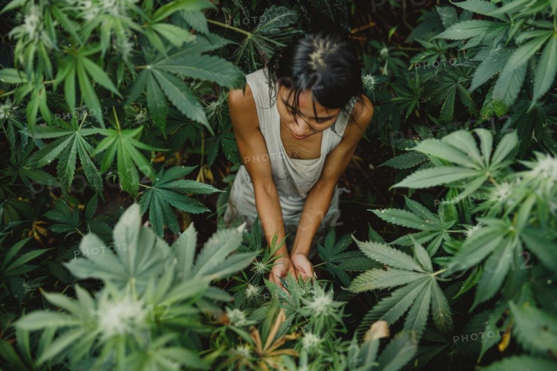 Young woman harvesting hemp in a hemp field, cannabis, industrial hemp, industrial hemp, symbolic image, drug use, illegal, legal, for medical, industrial purposes or food production, AI generated, AI generated, AI generated