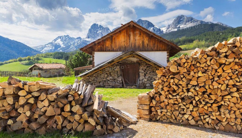 Forestry, timber industry, firewood stacked in front of a farmhouse, AI generated, AI generated