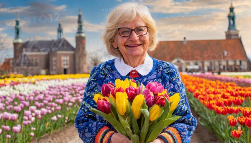 An elderly lady in colourful clothing cheerfully holds a bouquet of tulips, historic buildings behind her, AI generated, AI generated