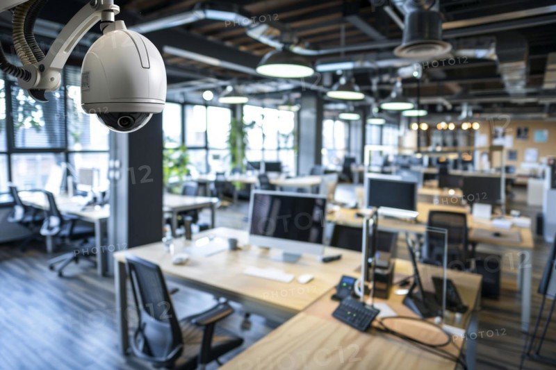A surveillance camera, CCTV, in an open-plan office, office building, AI generated, AI generated, AI generated