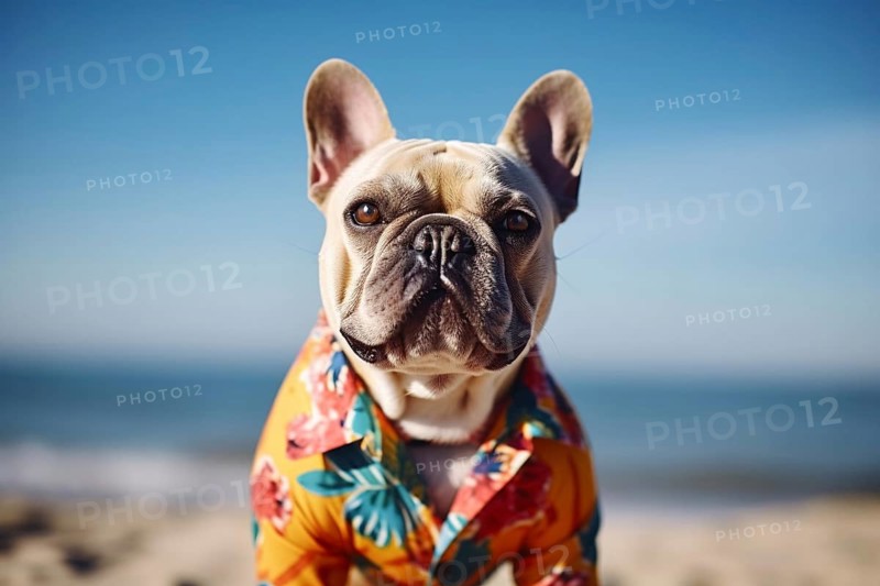 French Bulldog dog weraing summer hawaiian shirt at beach. KI generiert, generiert AI generated